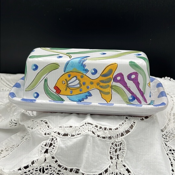 Mesa International Signed Ceramic Hand Painted Butter Dish - Picture 2 of 11